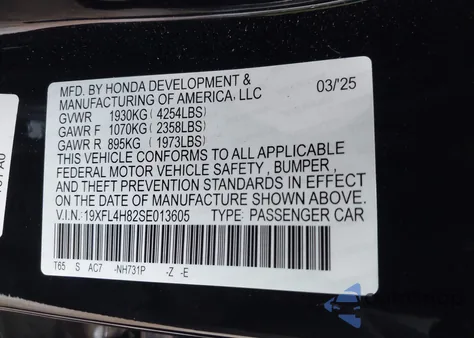 2025 Honda Civic Sport z USA, uszkodzony, nr VIN 19XFL4H82SE013605